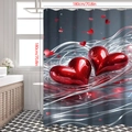 3D Valentinstag Duschvorhang mit roten Herzen und silbernen Linien, 180x180cm - 181x188cm / 3D Metallische rote Herzen