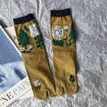Mustard yellow Japanese cotton Tabi socks with forest tree pattern and dark grey cuff - 35-41 / Mustard Yellow Forest