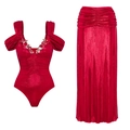 Costume da bagno metallizzato rosa a due pezzi con fiori 3D e una gonna lunga fluida - S / Set con Zirconia Rossa