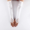 Elegant white long satin bridal gloves with floral lace embroidery and fingerless hook design - White