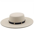Beige flat top wool boater hat with black studded band and 10cm wide brim - M (56-58cm) / Beige