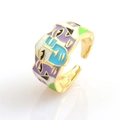 Detail of copper gold plated open ring with colorful enamel abstract face design - Adjustable Open / Style 03