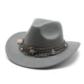 Detail of dark grey felt cowboy hat featuring turquoise stone and bohemian tassel trim - M (56-58cm) / Gray