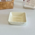 Detail of square cream ceramic dessert plate with beaded edge and glossy texture - Cream Bead Edge Square Bowl (Approx. 12cm)