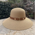 Wide brim straw sun hat with brown decorative belt and gold buckle for summer protection - M (56-58cm) / Belt Buckle Khaki
