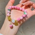 Pink and green crystal bead bracelet with gold Fu charm and hollow flower pendant - Pink-Fortune