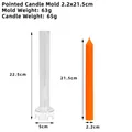 Detail view of 22.5cm pointed pillar candle mold with dimensions and orange wax candle sample - Tapered Top 2.2x21.5cm (Mold Only)