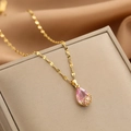 Elegant gold leaf chain necklace with a pink pear-cut zircon pendant and floral base - 49#xl1548-33 Pink Teardrop