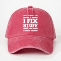 Detail of red washed cotton baseball cap with white I FIX STUFF text and tool icons - One Size / Watermelon red