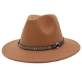 Detail of camel wool fedora hat with ethnic geometric band and silver metal buckle - M (56-58cm) / Khaki