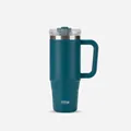 Detail view of the wide handle and spill-proof lid on a teal 40oz insulated tumbler - Deep Lake Blue