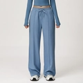 Women's high-waisted loose sports pants in light blue with front seam and drawstring - Denim Blue