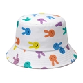 Kids white bucket hat with colorful cartoon bunny patterns and reinforced brim stitching - 51-52CM(2-4 Years Old) / White Rabbit