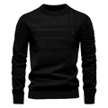 Detail of 3D embossed textured stripes on black long sleeve crew neck knit sweater - Black