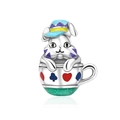 Detail of silver bunny in a playing card pattern teacup charm for jewelry making - CCT558-Teacup Rabbit
