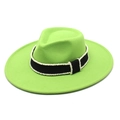 Detailed texture of neon green wool fedora with beaded black ribbon on wide brim - M (56-58cm) / Fruit Green