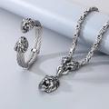 Silver punk lion head stainless steel jewelry set with cuff bracelet and Byzantine chain - 65*12mm Bangle Set