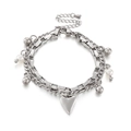 Double-layered silver stainless steel bracelet featuring heart charm and white pearls - Steel Color (KB144915-Z)