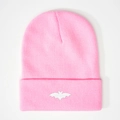 Pink ribbed knit beanie featuring a white embroidered bat pattern on folded cuff - Pink