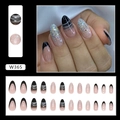 Sparkly almond press-on nails with black French tips and pink glitter design W365 - W365 Minimalist Lines (Glue Type)