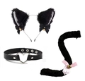 Detailed set of plush black cat ears, heart choker and tail for cosplay costumes - Black White Cat Ears + Heart Choker + Tail