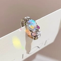 Silver open ring featuring oval opal with colorful zircons and magical rainbow lighting - Oval Opal Colorful Zircon Dreamy Ring (J2953)