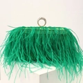Green ostrich feather evening clutch with sparkling rhinestone ring handle and chain strap - Green
