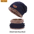Navy blue winter knit hat and neck warmer set with fleece lining and leather label - Adult Set (Hat + Scarf) / Navy Blue
