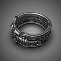 Punk style skull ring with dark silver spine relief pattern for men - Black Distressed Dragon Spine Embossed