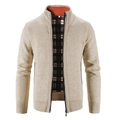 Slim fit men's beige knit cardigan with orange stand collar and plaid lining detail - M / Off White