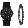 Men's minimalist quartz watch set with black nylon strap and beaded bracelet ensemble - Watch+Bracelet / Black