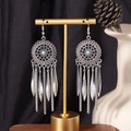 Bohemian silver tassel earrings with blue bead on a professional display stand - S4292 Blue Chain Tassel Earrings
