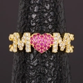 Gold MOM ring with heart-shaped pink cubic zirconia and pavé stones for Mother Day - Adjustable Open / Gold (Heart MOM Style)