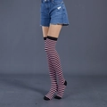 Detail of pink and black striped over-the-knee socks showing knit texture and slim fit - Black and Pink Fine Stripes