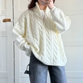 Women's cream white half-zip cable knit sweater with a relaxed fit and long sleeves - S / White