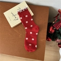 Festive red crew socks with white polka dots and ruffle cuffs for Christmas holiday - One Size / Large Polka Dot