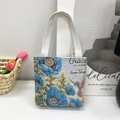 Ethnic blue floral and hummingbird embroidery small canvas tote bag with beige handles - Style 11-Hummingbird Floral