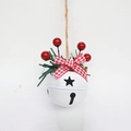 Campana de Navidad blanca de metal con lazo de cuadros rojos, bayas y cuerda de yute rústica - Campana de Estrella Blanca