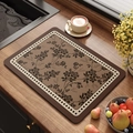 Absorbent kitchen drying mat with vintage floral pattern and checkered border - French Medieval Style - Model A (Rounded Square)