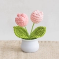 Handmade crochet pink tulip flower in white ceramic pot for home office desk decoration - 2-Head Tulip Pink