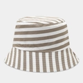 Detailed view of the striped canvas bucket hat featuring vertical and horizontal patterns - Brown and White Intertwined Stripes (Color No. 21)