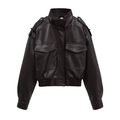 Veste motard femme en similicuir noir avec col montant et épaulettes sur fond blanc - XS / café