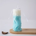 Blue and white gradient Roman column scented candle with elegant wave texture and ribbon - Wave 5 (Blue)