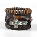 Set of four stackable men's bracelets with brown leather, wood beads and metal cross - TZ4-A06 Turquoise Cross
