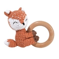 Handmade crochet baby rattle with orange fox design on a smooth natural wooden ring - Hug Orange Fox