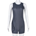 Close-up of arc zipper pocket on dark gray sleeveless denim stretch bodysuit - S / Gray