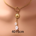 Chic layered stainless steel necklace with shell pendant and pearls worn on model neck - Shell Round Plate Pearl Style