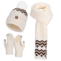 Women's 3-piece winter knit set with pom-pom hat scarf and touch-screen gloves in beige - Milk White (3-Piece Set)