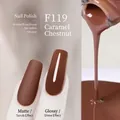 Caramel Chestnut nail gel F119 shown in matte and glossy finishes on nails - F119 Caramel Chestnut