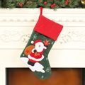 Green linen Christmas stocking with Santa Claus embroidery and red gift box detail - Red-top Santa Claus Style